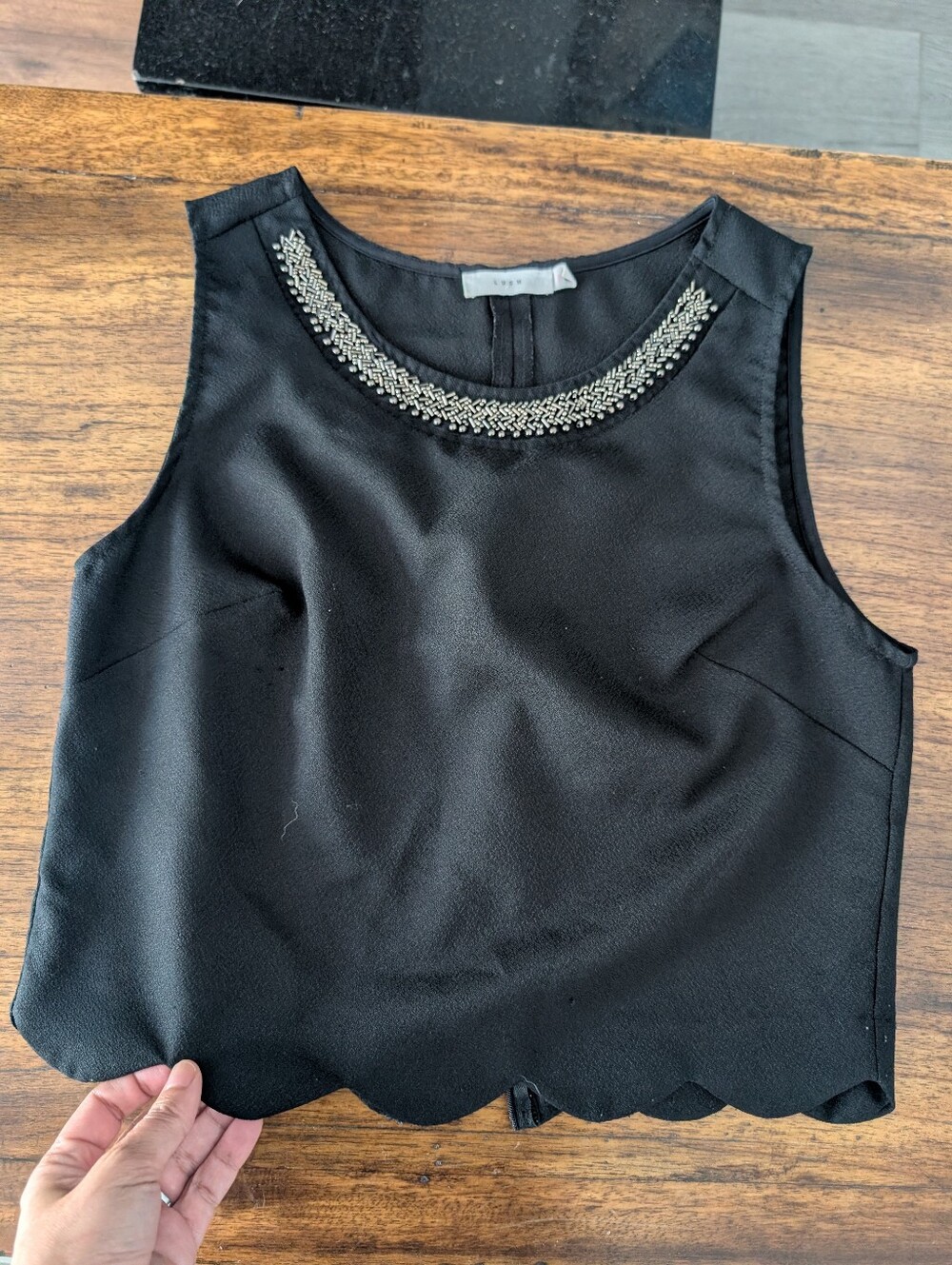 LUSH Brand Sleeveless Black Beaded Neckline Crop Top Size Small